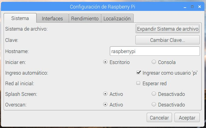 Opciones de configuración raspbian
