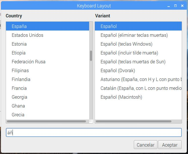 Opciones de configuración teclado raspbian