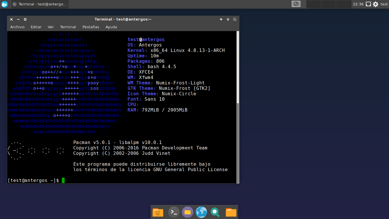 programa desde la terminal mostrando información del sistema: antergos y pacman
