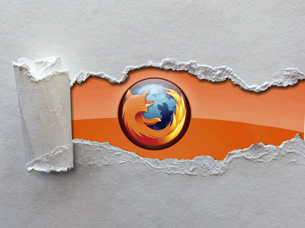 Se puede ver el logotipo de Firefox (el zorro rojo en torno a la bola del mundo) aparecer de detrás de un papel rasgado de color gris