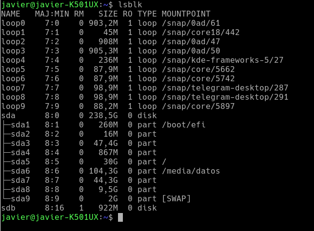 Captura del comando lsblk en una terminal y la salida del mismo.