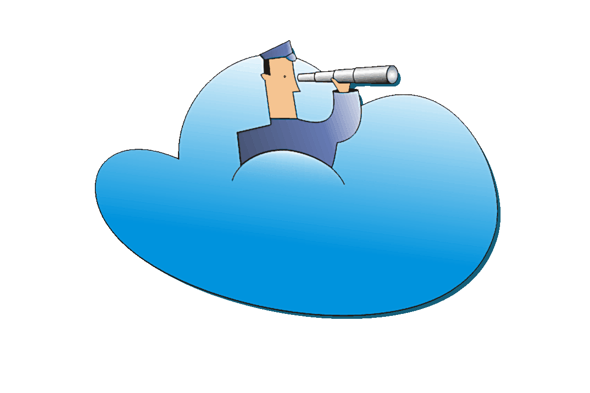 Logotipo de la aplicación. Se ve un dibujo de un comandante, con un catalejo mirando a lo lejos, sobre una nube color azul.