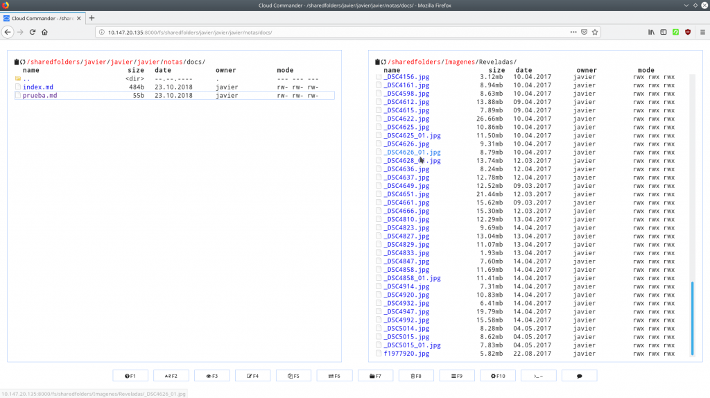 Captura de pantalla de la aplicación Cloud Commander, mostrando sus caracteristico "doble panel".