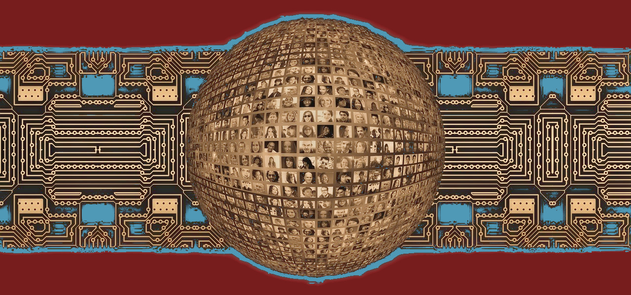 Imagen con circuitos impresos de fondo y una esfera en primer plano con multitud de imágenes de caras.