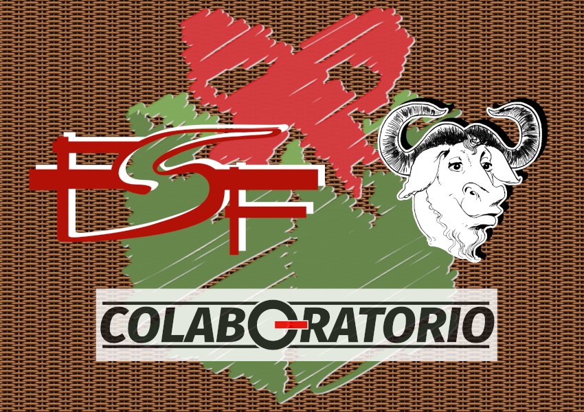 Contra un fondo similar a una cesta de mimbre oscuro, vemos los logos de la FSF y del Proyecto GNU y, bajo ambos, el logo de Colaboratorio. Una caja de regalo de fondo decora el cuadro.